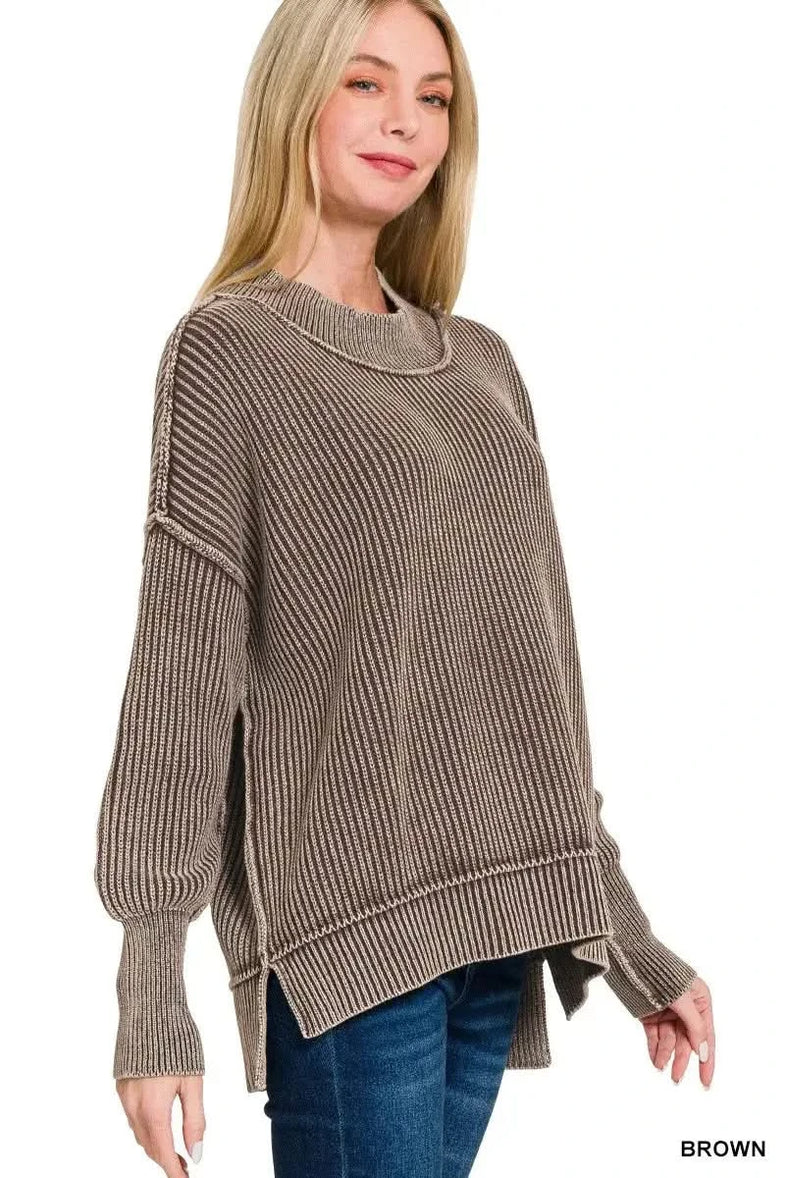 Zenana Washed Side Slit Oversized Sweater - SwagglyLife Home & Fashion